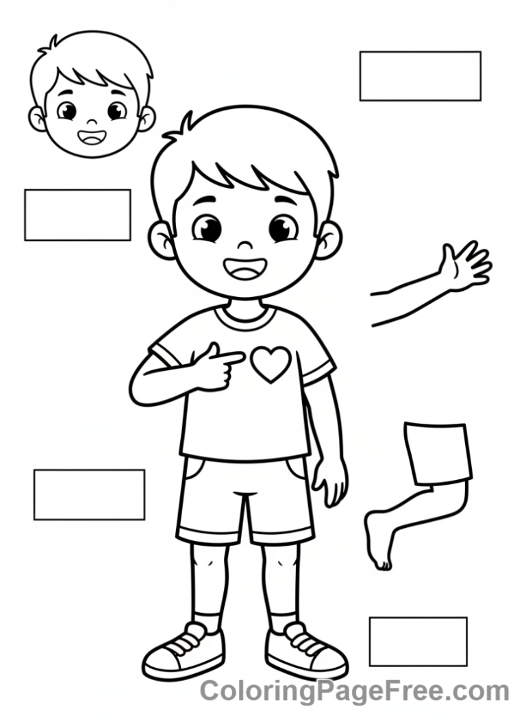 Educational coloring page - Boy pointing body parts