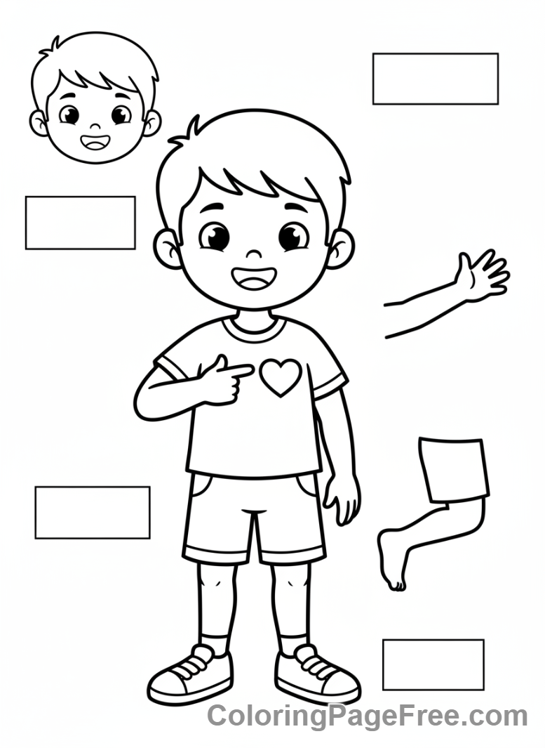 Educational coloring page - Boy pointing body parts