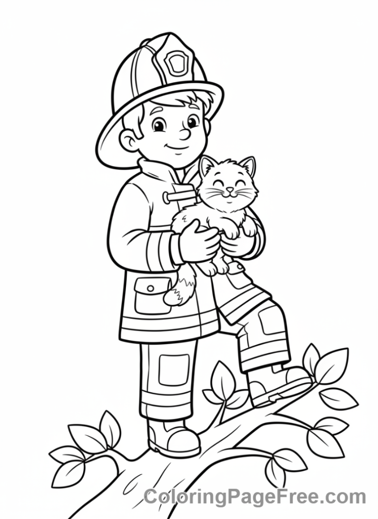 Educational coloring page - Firefighter saving cat
