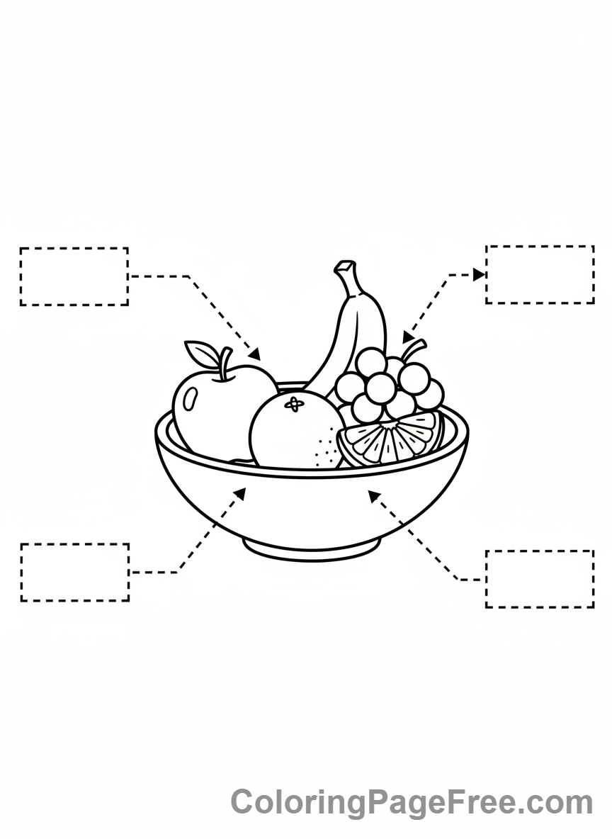 Educational coloring page - Fruit bowl labels