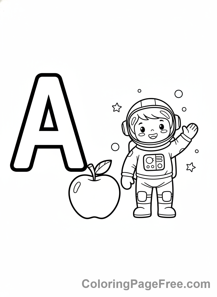 Educational coloring page - Letter A apple astronaut