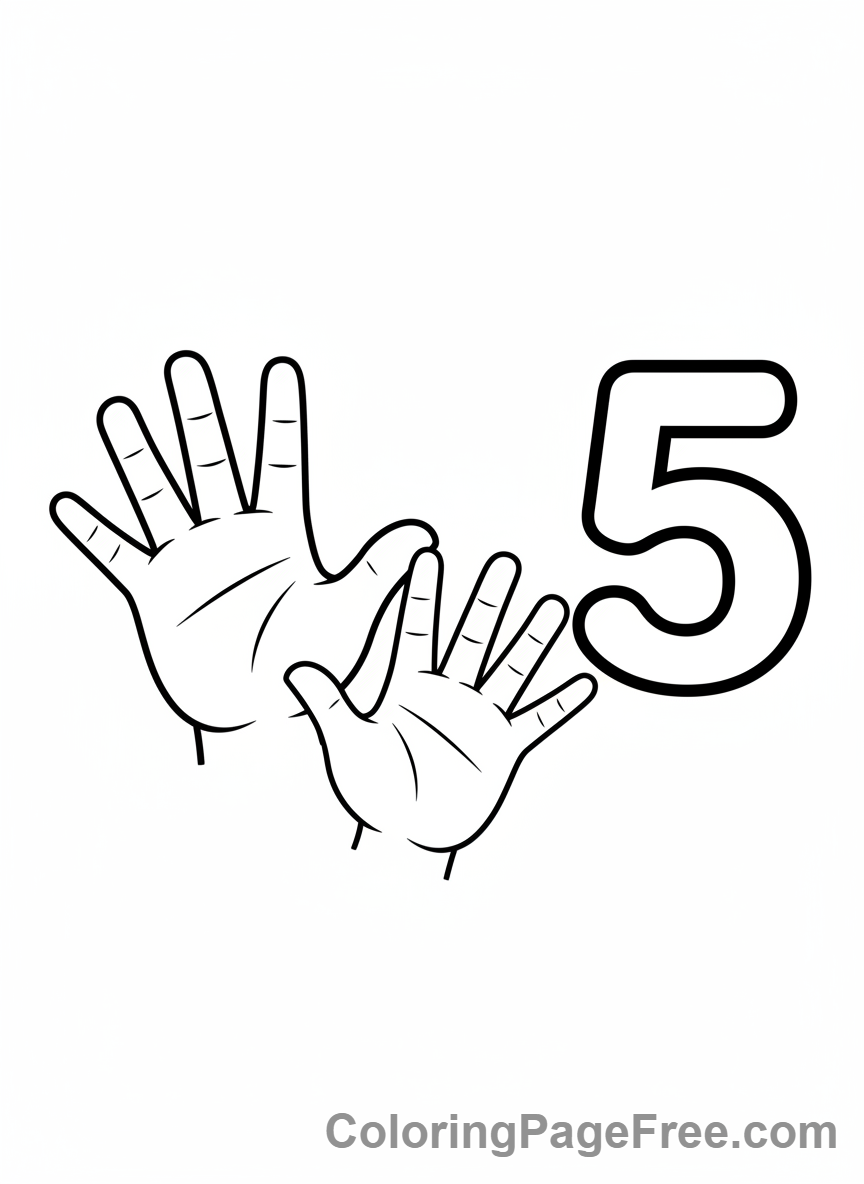 Educational coloring page - Number 5 counting hands