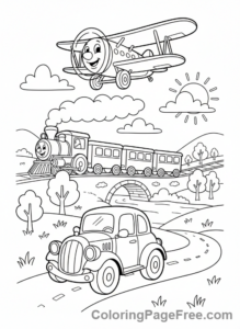 Educational coloring page - Transport car train plane