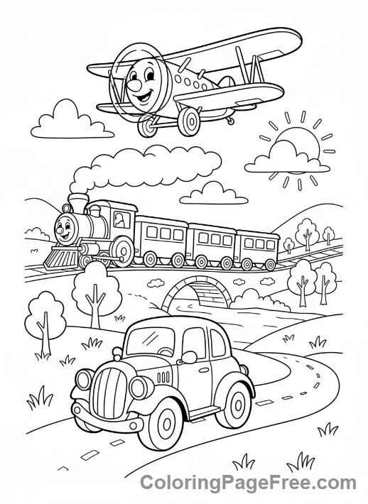 Educational coloring page - Transport car train plane