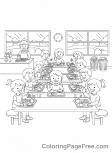 Elementary School coloring page - Lunchtime cafeteria kids