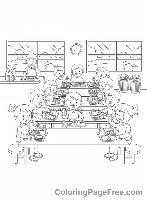 Elementary School coloring page - Lunchtime cafeteria kids