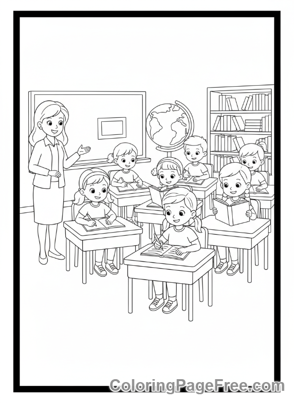 Elementary School coloring page - Students classroom learning