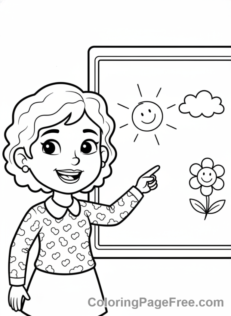 Elementary School coloring page - Teacher at whiteboard