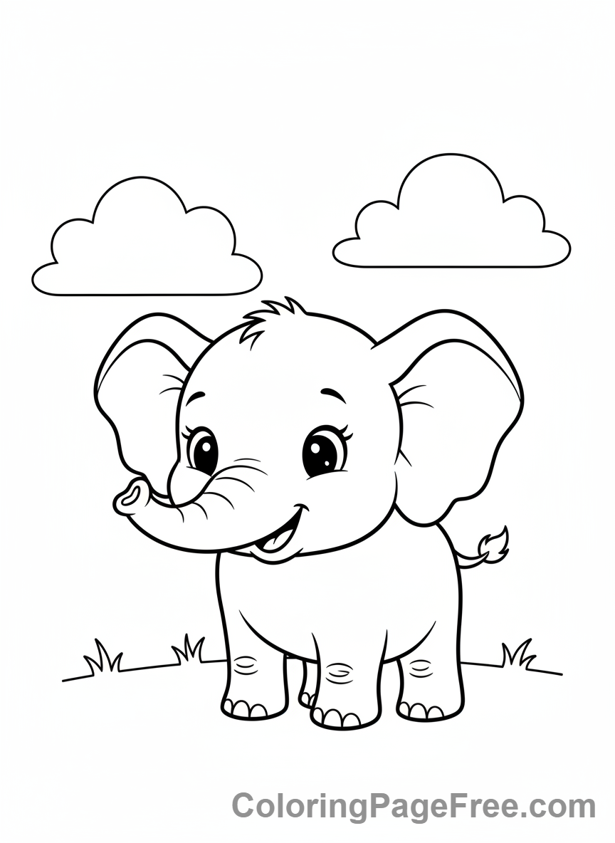 Cute baby elephant standing coloring page