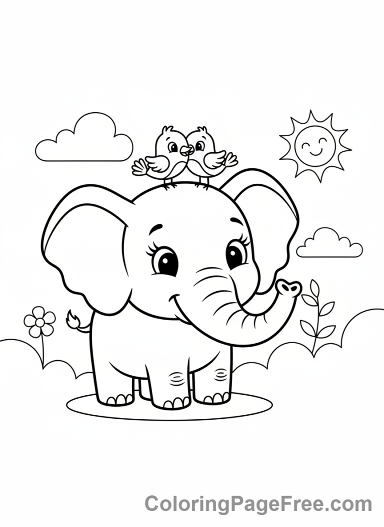 Elephant with Bird Friend Coloring Page
