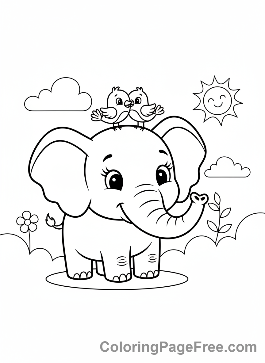 Elephant coloring page - Elephant bird friend