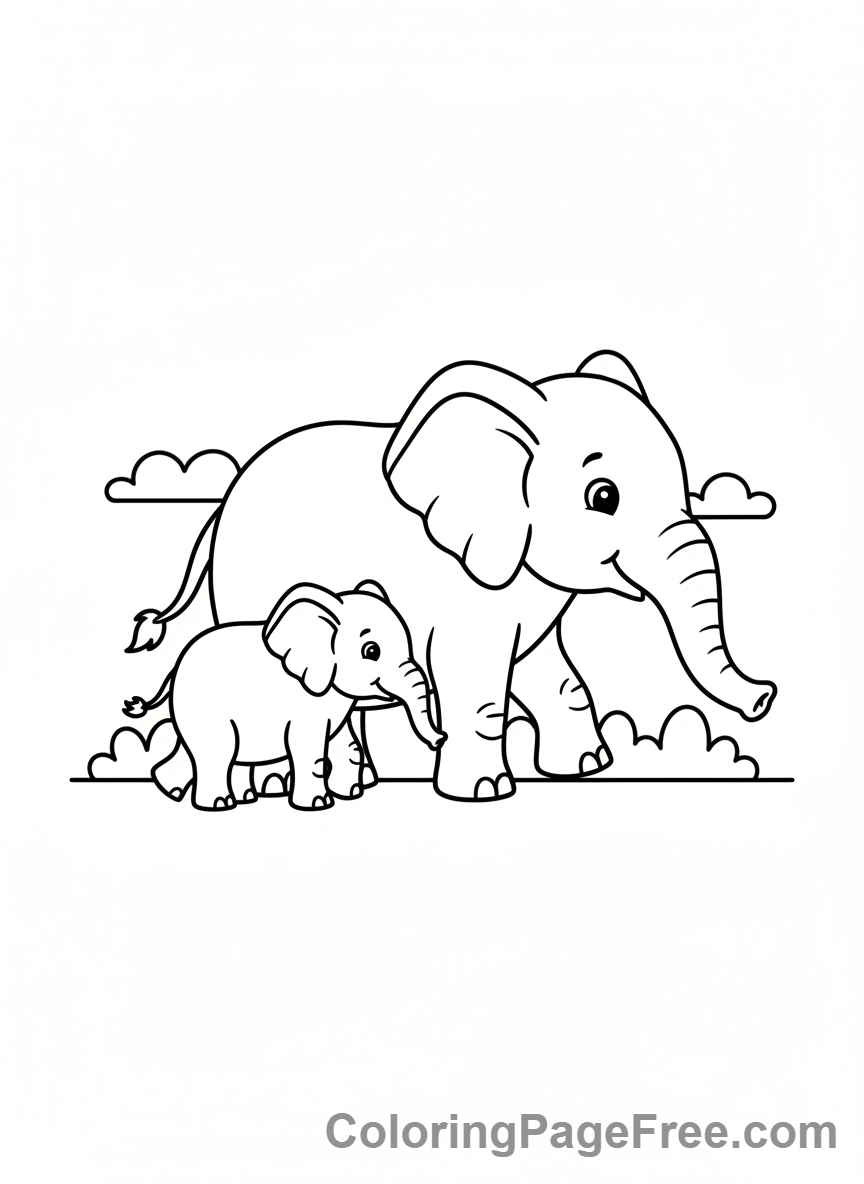 Elephant family walking across the savannah coloring page