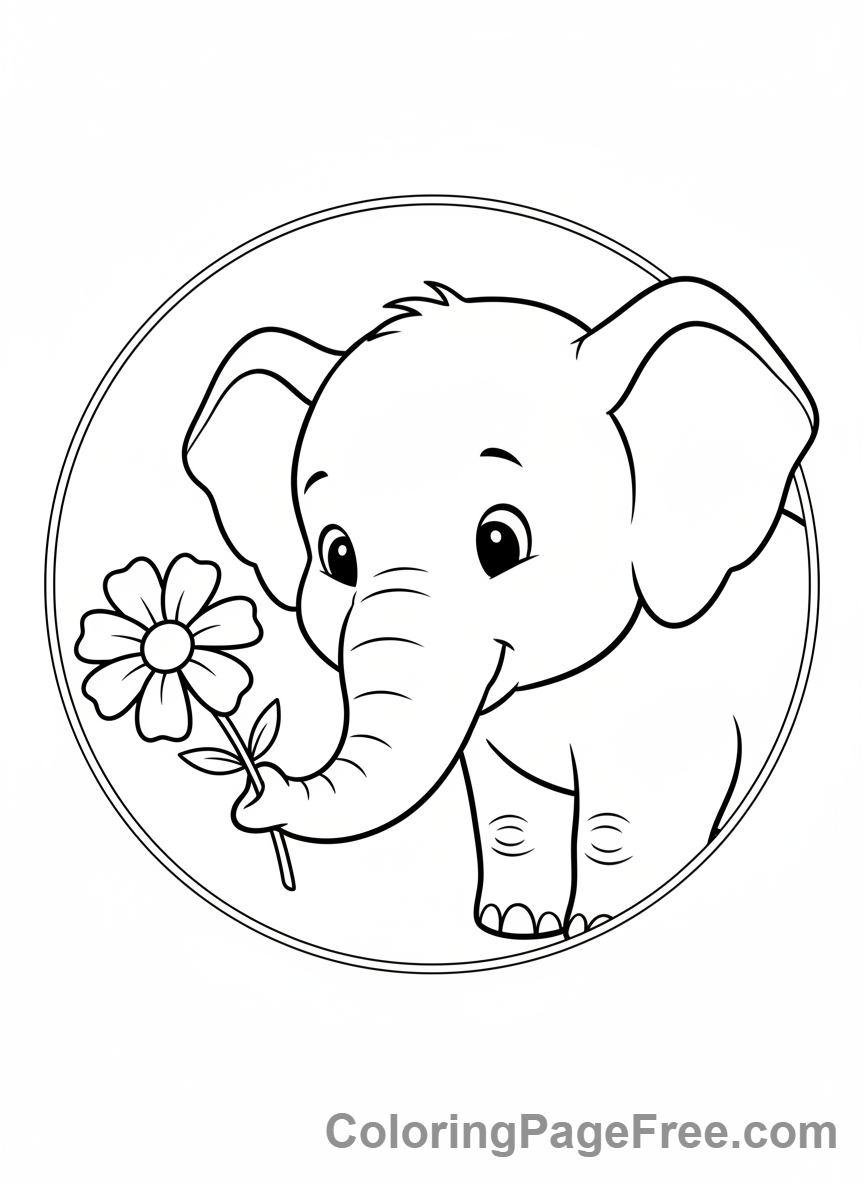 Elephant holding a flower with its trunk coloring page