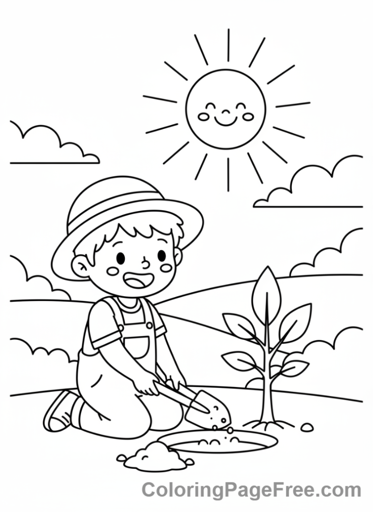 Environment coloring page - Kid planting tree