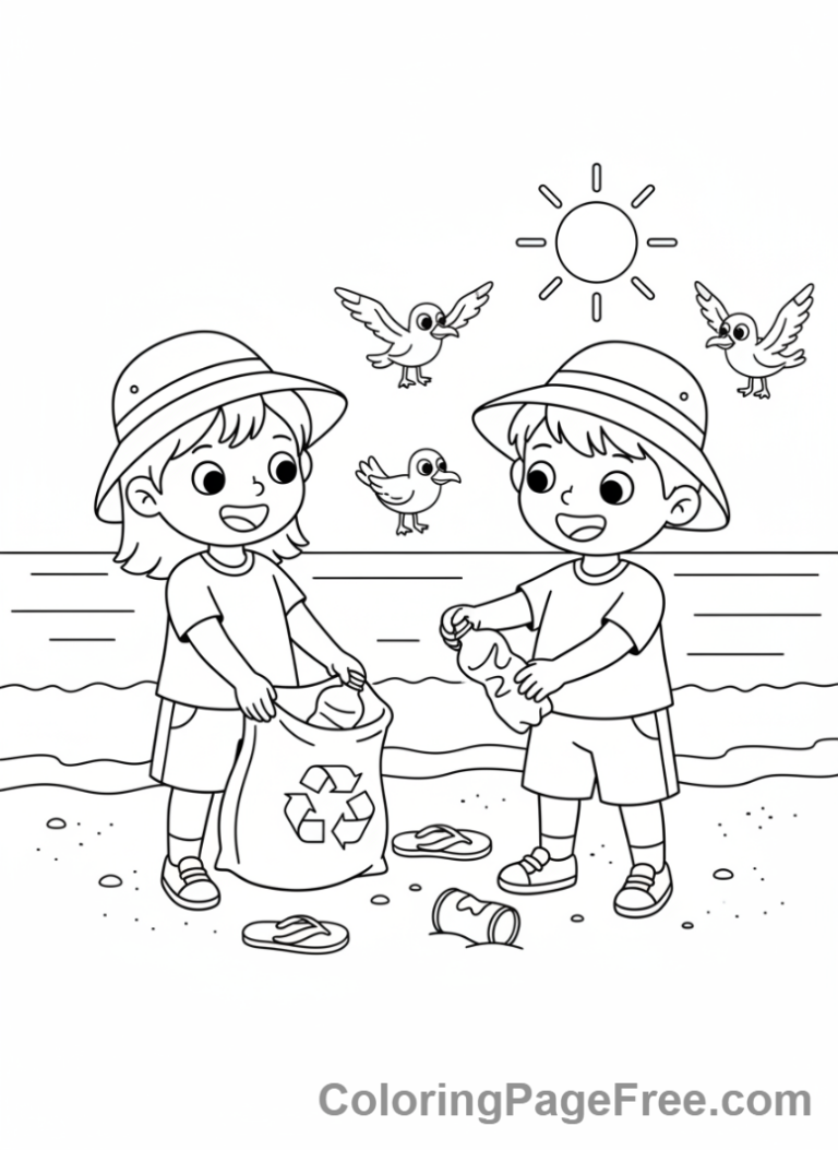 Environment coloring page - Kids clean beach
