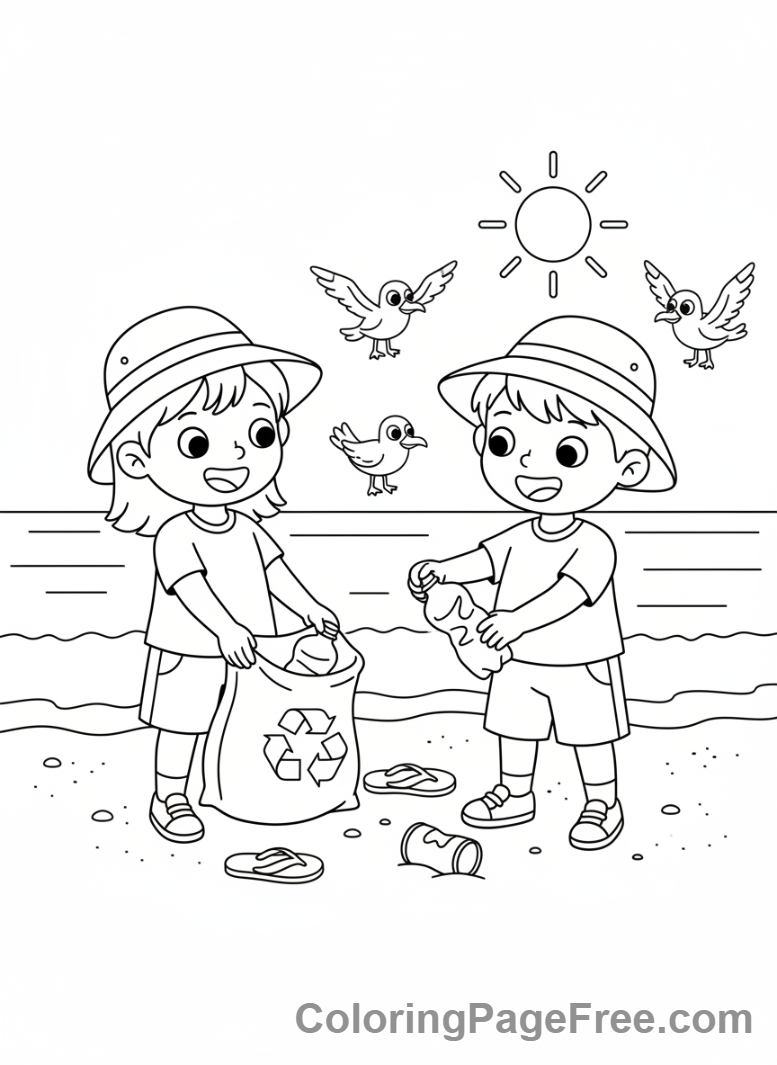 Environment coloring page - Kids clean beach
