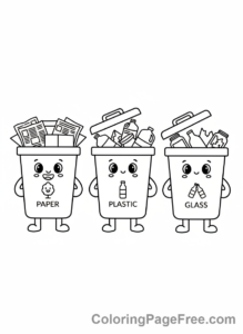 Environment coloring page - Recycling bins cute