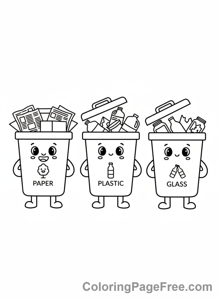 Environment coloring page - Recycling bins cute