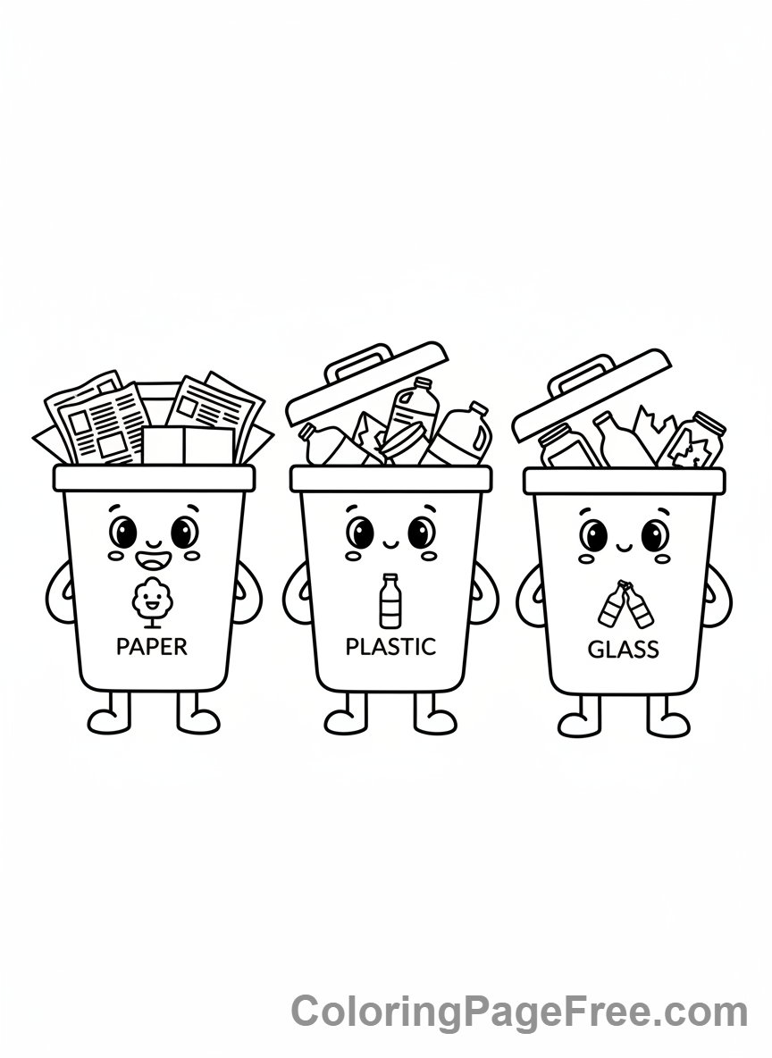 Environment coloring page - Recycling bins cute