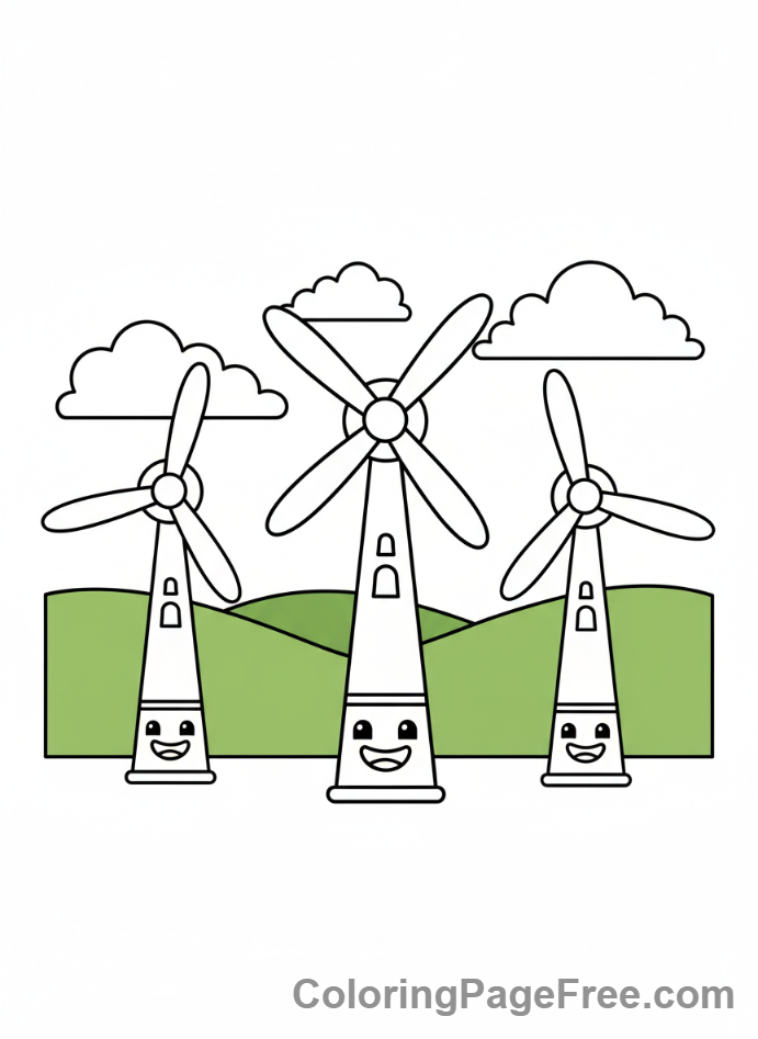 Environment coloring page - Wind turbines field