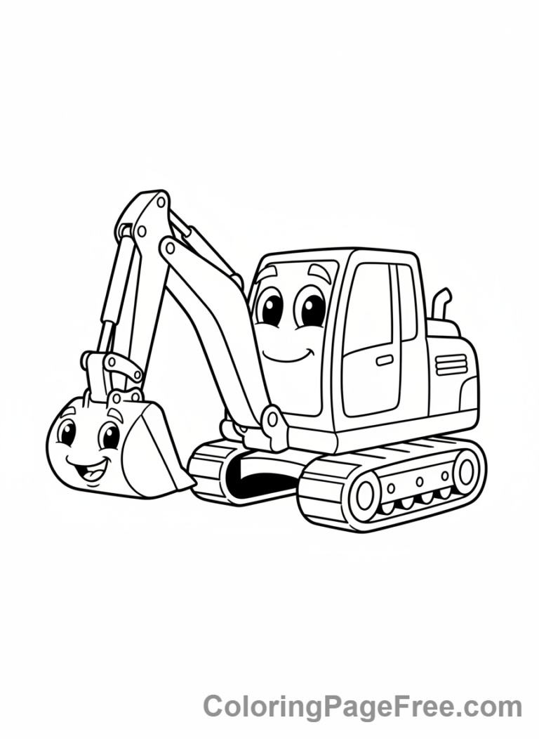 Excavator coloring page - Cartoon excavator smiling