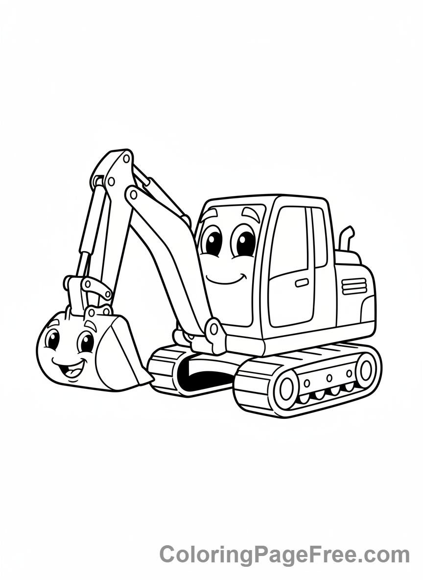 Excavator coloring page - Cartoon excavator smiling