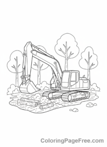 Excavator coloring page - Excavator forest clearing