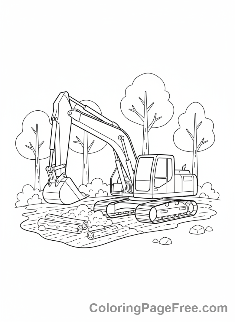 Excavator coloring page - Excavator forest clearing