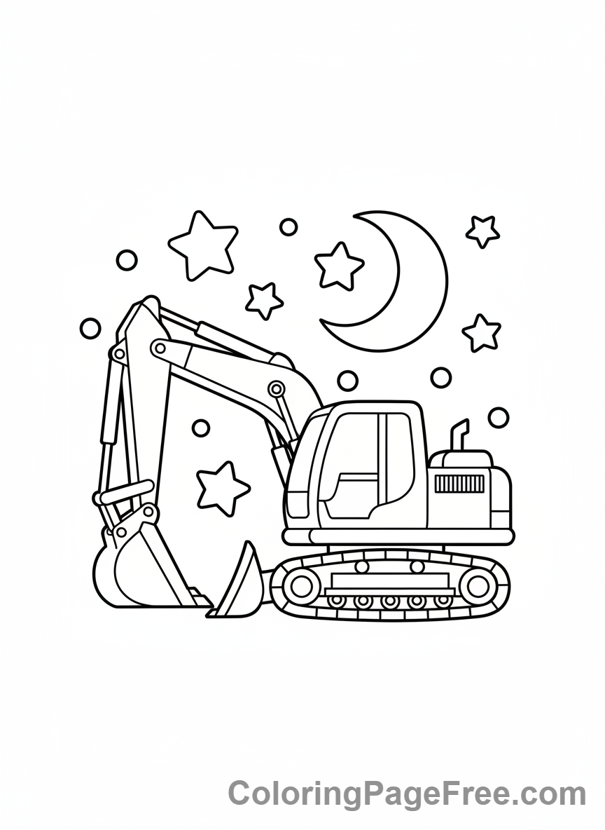 Excavator coloring page - Excavator starry night