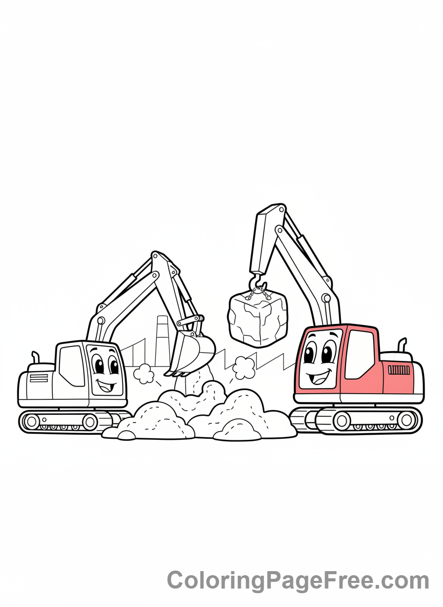 Excavator coloring page - Two excavators working