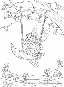 Fairy coloring page - Fairy on leaf swing