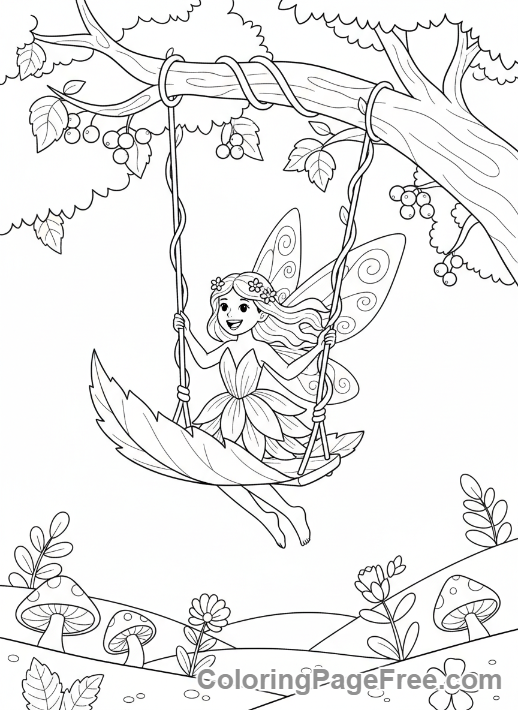 Fairy coloring page - Fairy on leaf swing