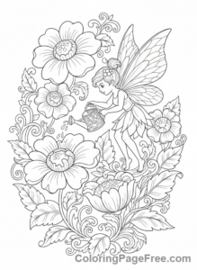 Fairy coloring page - Fairy watering flowers
