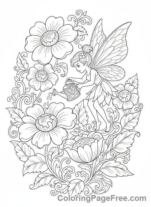 Fairy coloring page - Fairy watering flowers
