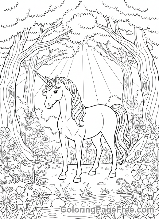 Fairytale Characters coloring page - Unicorn peaceful forest