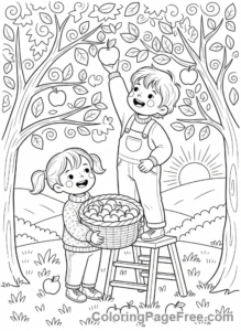 Fall coloring page - Apple picking fun