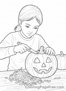 Fall coloring page - Child carving pumpkin