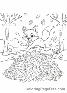 Fall coloring page - Fox playing leaves