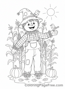 Fall coloring page - Friendly scarecrow field