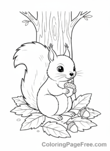 Fall coloring page - Squirrel collecting acorns