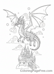 Fantasy coloring page - Dragon flying castle