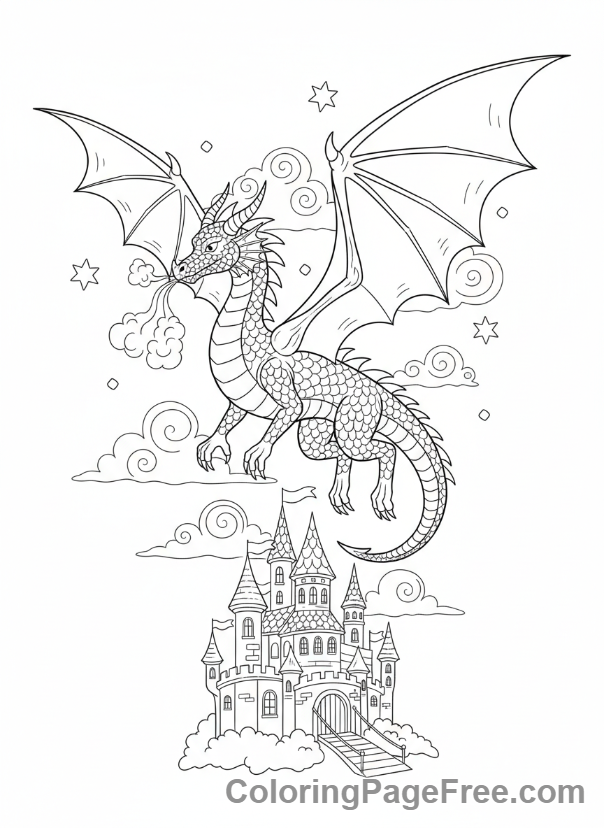 Fantasy dragon flying over castle coloring page