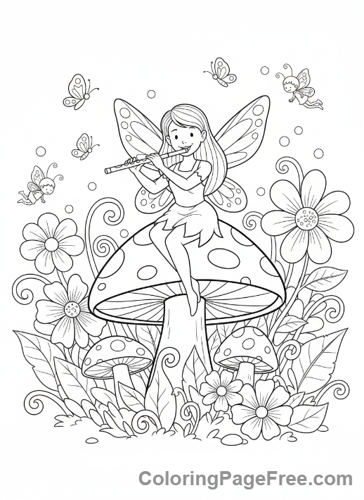 Fantasy coloring page - Fairy playing flute