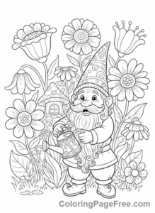 Fantasy coloring page - Gnome watering flowers
