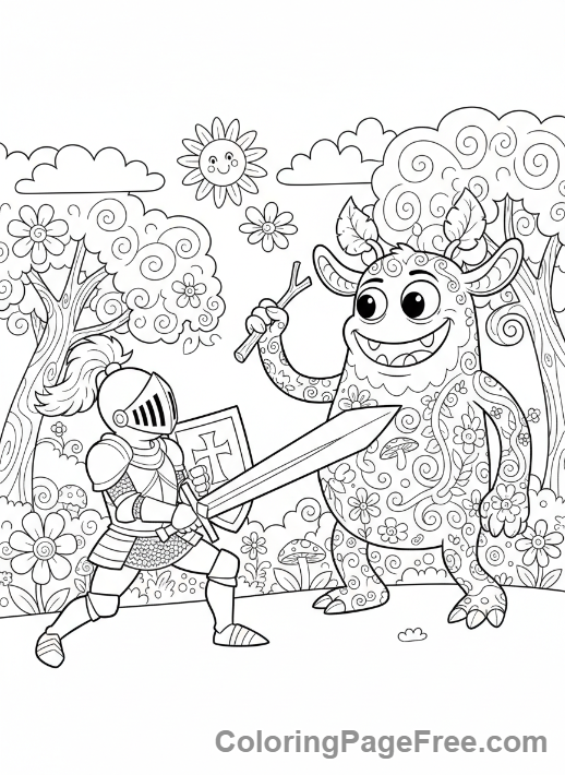 Fantasy coloring page - Knight fighting monster