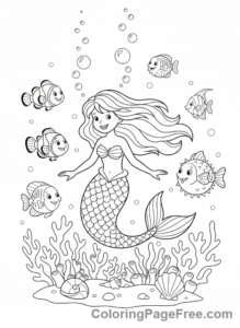 Fantasy coloring page - Mermaid swimming fish