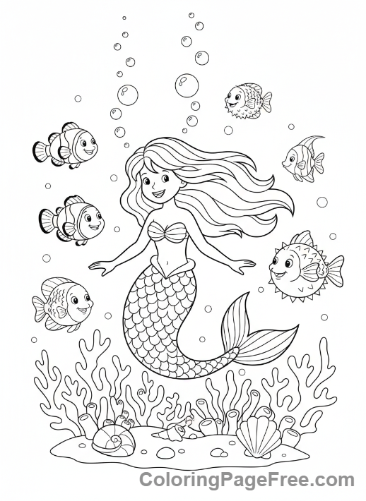 Fantasy coloring page - Mermaid swimming fish