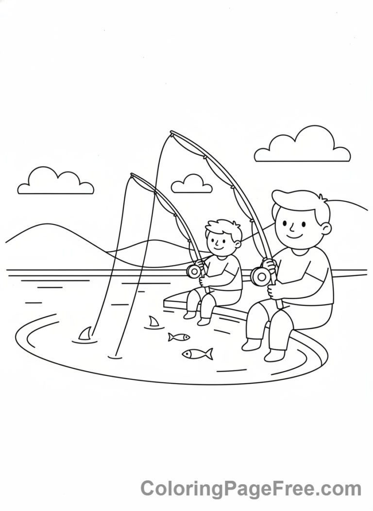 Fathers Day coloring page - Dad child fishing