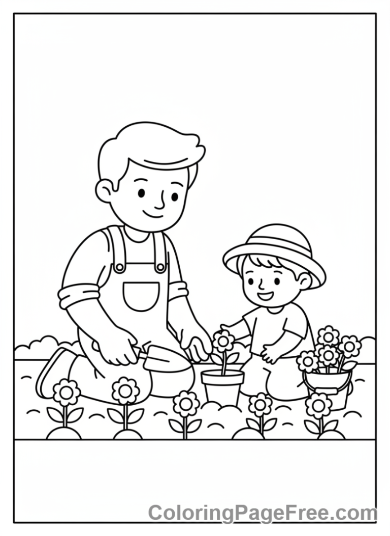 Fathers Day coloring page - Dad child gardening