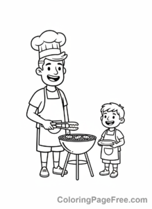 Fathers Day coloring page - Dad child grilling